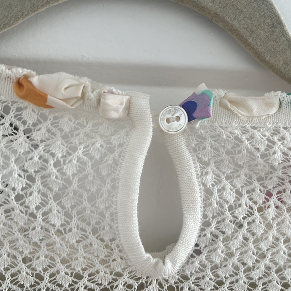 VINTAGE CHANEL 2004 White Cotton Crochet Long Sleeve Top with Silk Accents - Picture 9 of 11